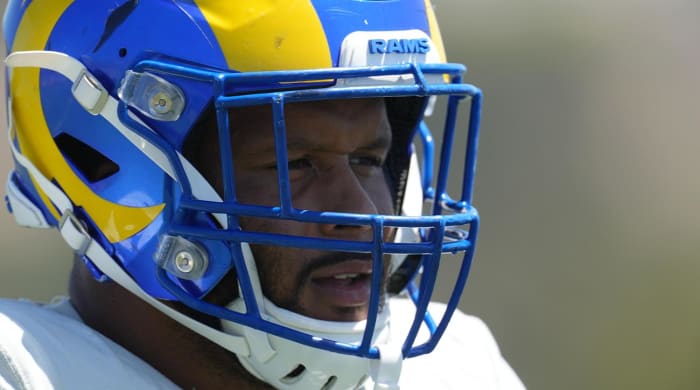 Aug 29, 2022; Thousand Oaks, CA, USA: Los Angeles Rams defensive end Aaron Donald (99) during training camp at Cal Lutheran University.